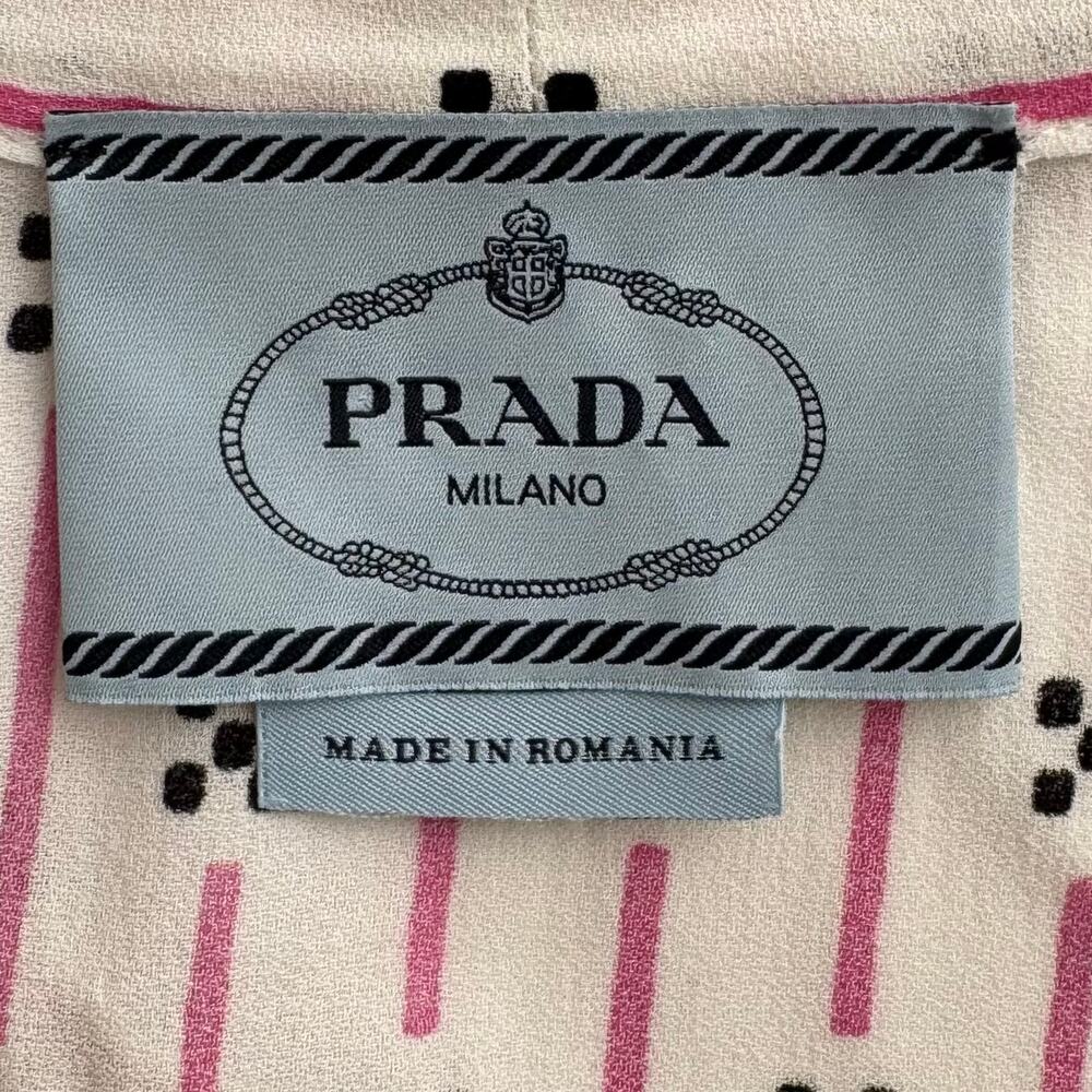 Prada Short-Sleeve Pleated Dress Knee-Length White Pink Striped Print 40 (US 4) - Picture 12 of 16
